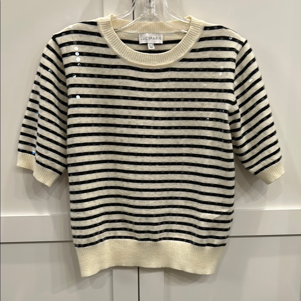 Lucy Paris Black and Cream Knit Sequin Striped Top